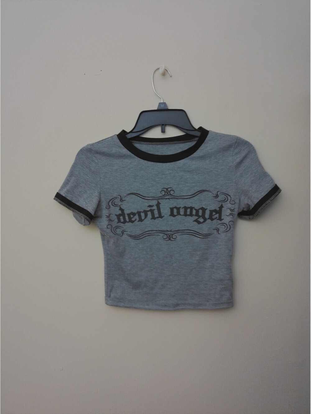 Devil‎ Angel T Shirt Womens Gray Y2K Inspired Goth Grunge Baby Tee Crop Top